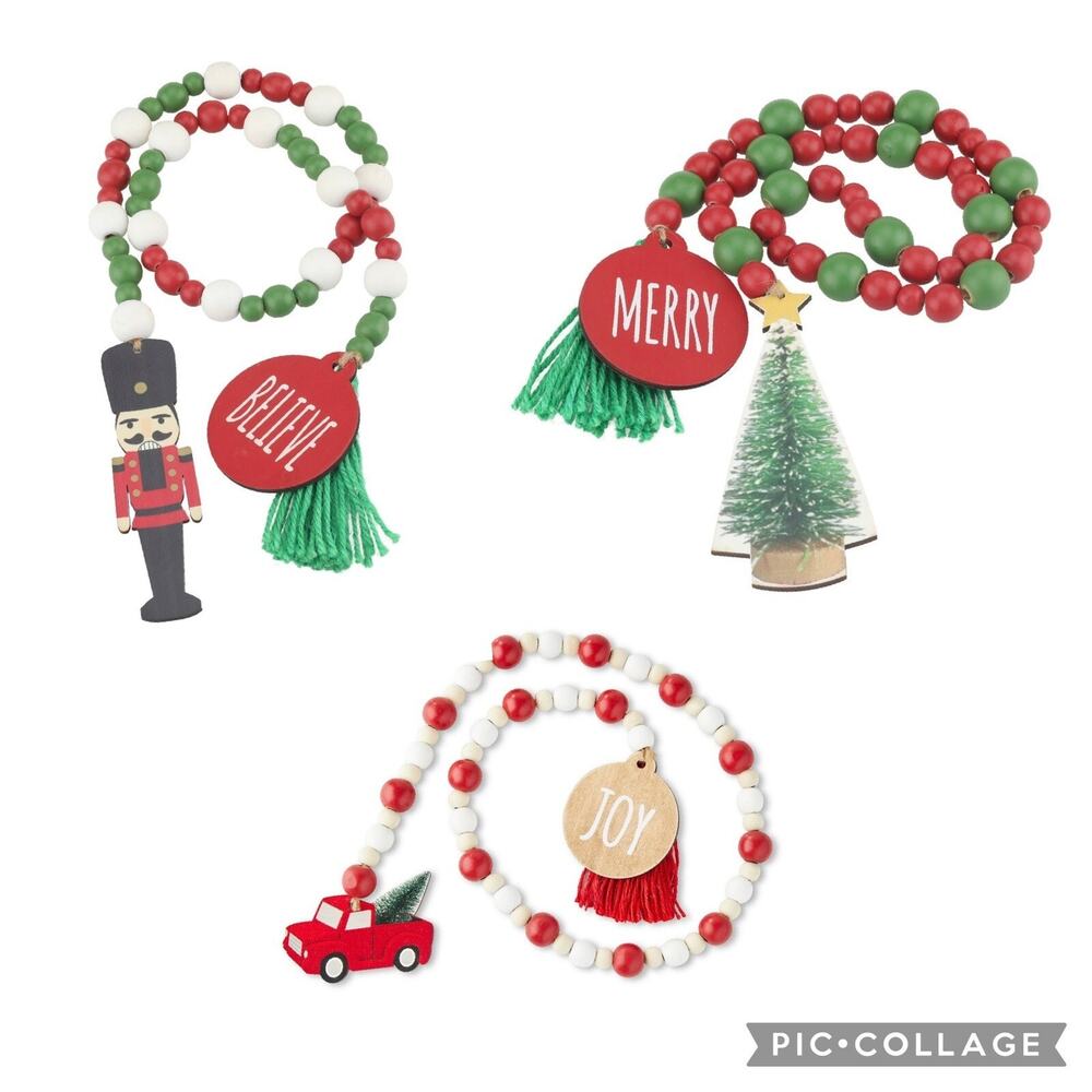 NEW Set 3 Christmas Garland Wood Beads Green Red White Tabletop Decor ea. 36"